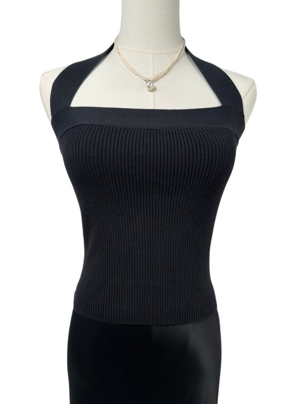 Reformation Galina Cotton Sweater Tank Black Ribbed Halter Neck Minimalist S